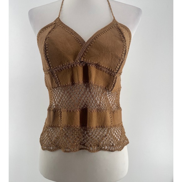 Misdemeanor Tops - Western Boho Halter Top Womens Medium Tan Leather Crochet Lace Up Back Festival